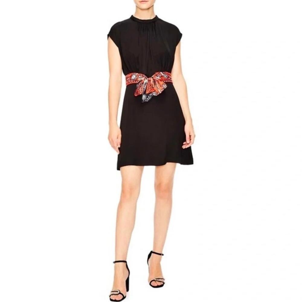 Sandro Paris Hellebore Black Mini Dress 38 US 6 Silk Scarf Belt Cap Sleeve